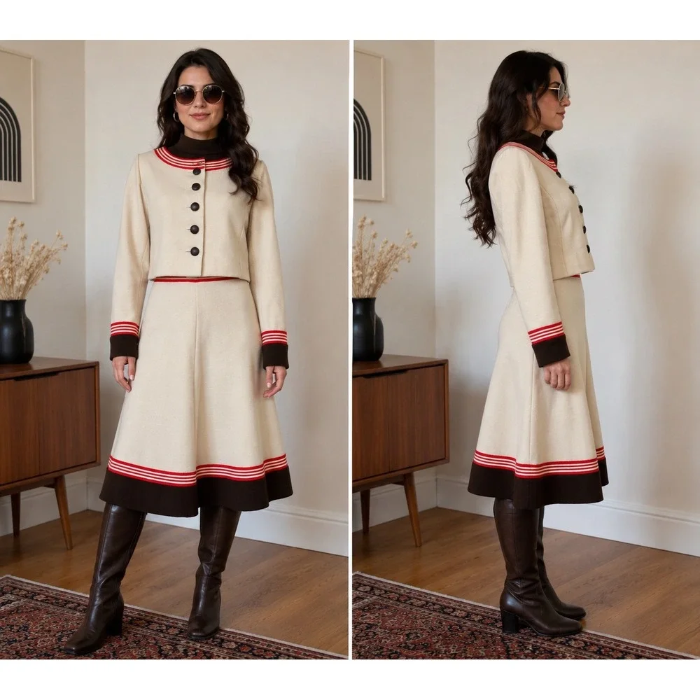 Vintage 70s Knit Dress Jacket Set Cream Chocolate Brown Mod A-Line Midi S/M